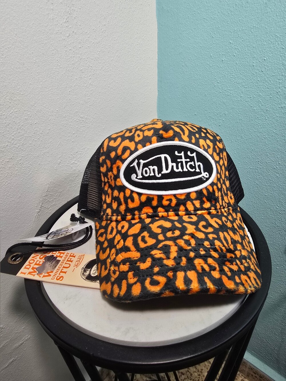Von Dutch Hat (CHEETAH) Orange & Black VELVET Trucker Streetwear Adjustable NEW!